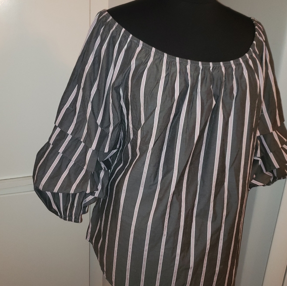 Stem & Vine 3X off shoulder gray pink stripe top - Picture 2 of 15